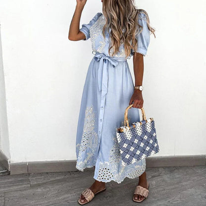 Women's Embroidered Blue Dress - VibreMode