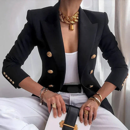 Elegant Double Breasted Ladies Gold Button Blazer - VibreMode