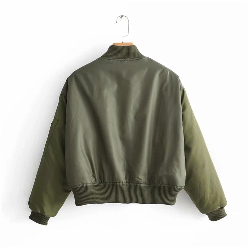 Women's Utility Bomber Jacket Cotton Patch Pockets Zip Sleeves