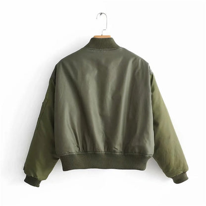 Women's Utility Bomber Jacket Cotton Patch Pockets Zip Sleeves