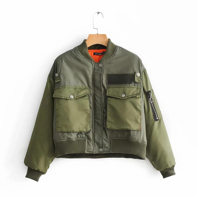 Women's Utility Bomber Jacket Cotton Patch Pockets Zip Sleeves