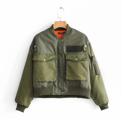 Women's Utility Bomber Jacket Cotton Patch Pockets Zip Sleeves