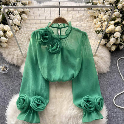 Women's Blouse High Neck 3D Floral Appliques Flared Sleeves