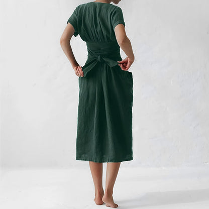 Women's Linen Midi Wrap Dress with Pockets