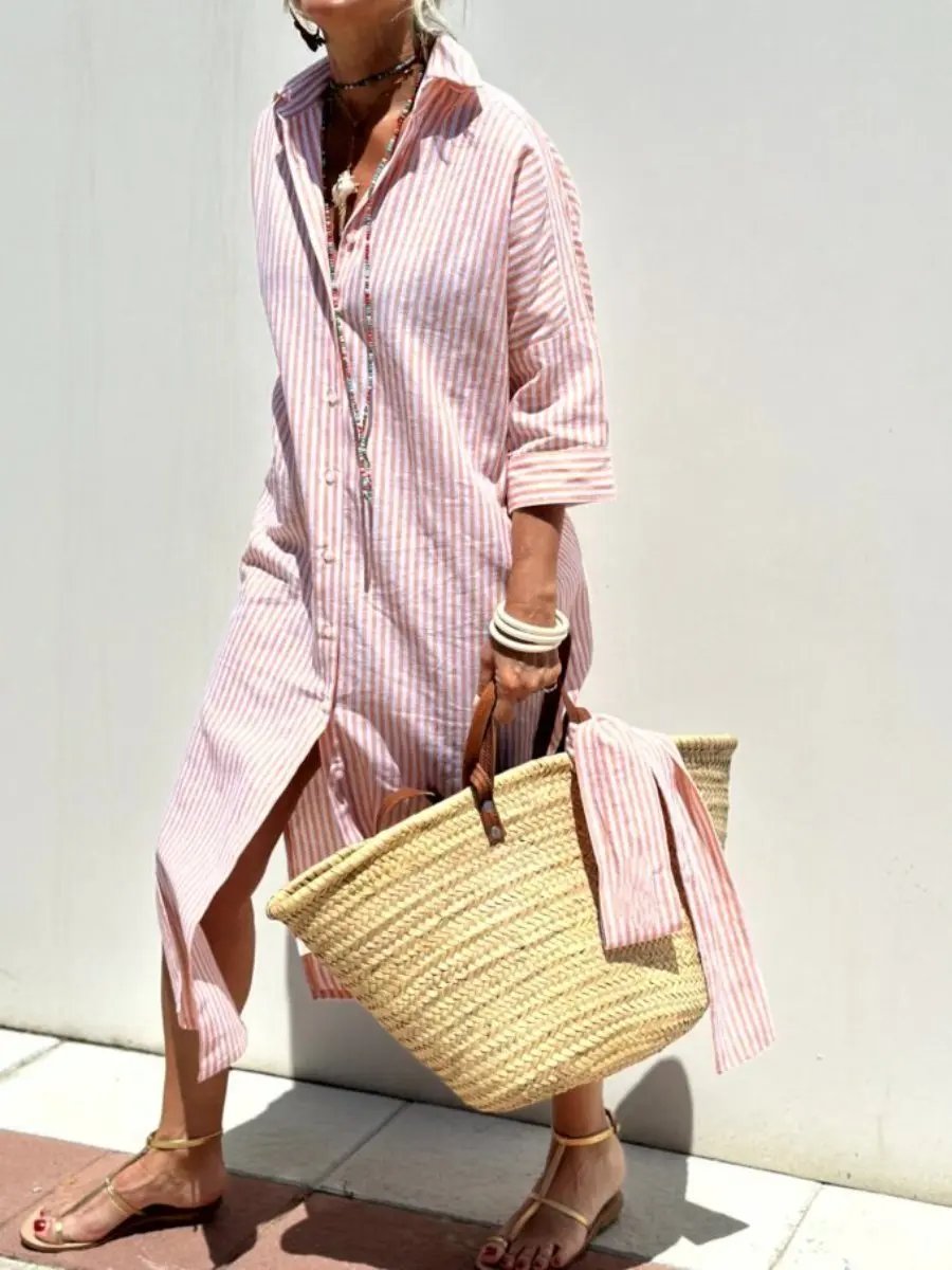 Women's Striped Shirt Dress Casual Cotton - VibreMode