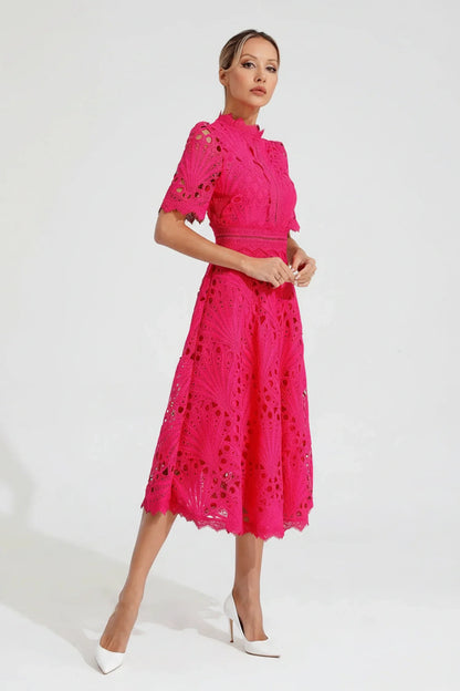 Women's High Neck A-Line Midi Dress - VibreMode