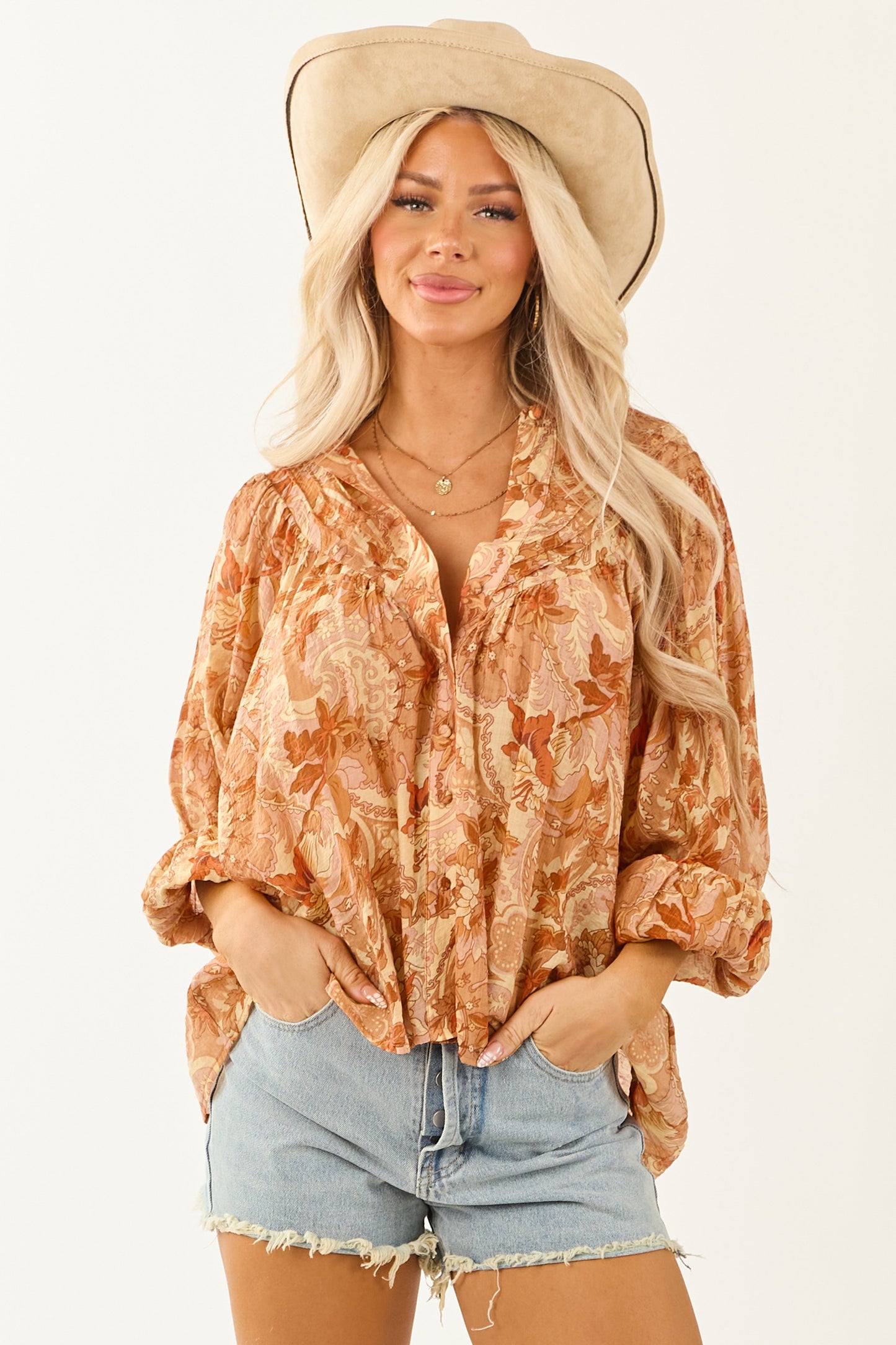Women's Floral Pleated Blouse Button-Up - VibreMode
