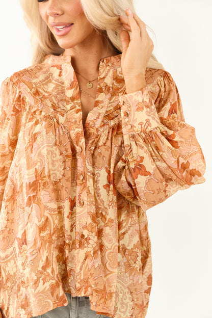 Women's Floral Pleated Blouse Button-Up