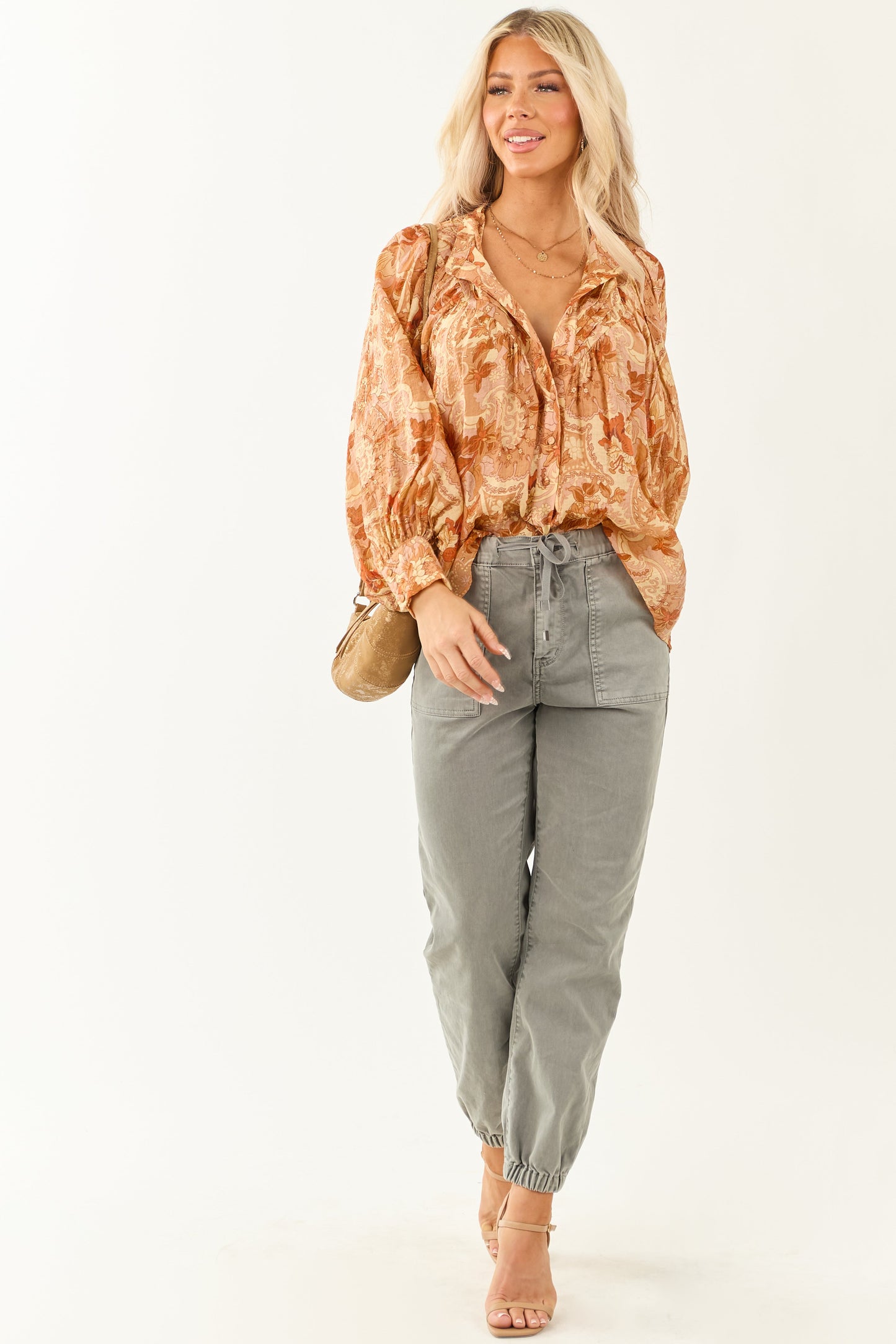Women's Floral Pleated Blouse Button-Up