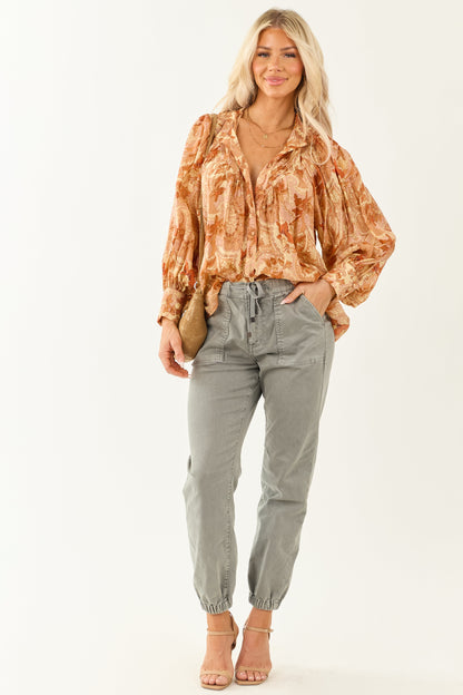 Women's Floral Pleated Blouse Button-Up