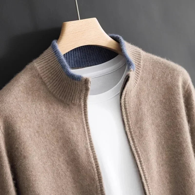 Men's Cashmere Zip Jacket Warm Beige - VibreMode