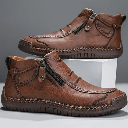 Men's Moccasin Shoes Leather Round Toe Contrast Stitch Brown