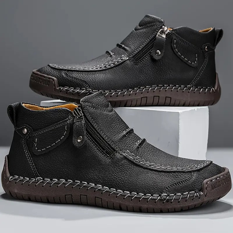 Men's Moccasin Shoes Leather Round Toe Contrast Stitch Brown - VibreMode