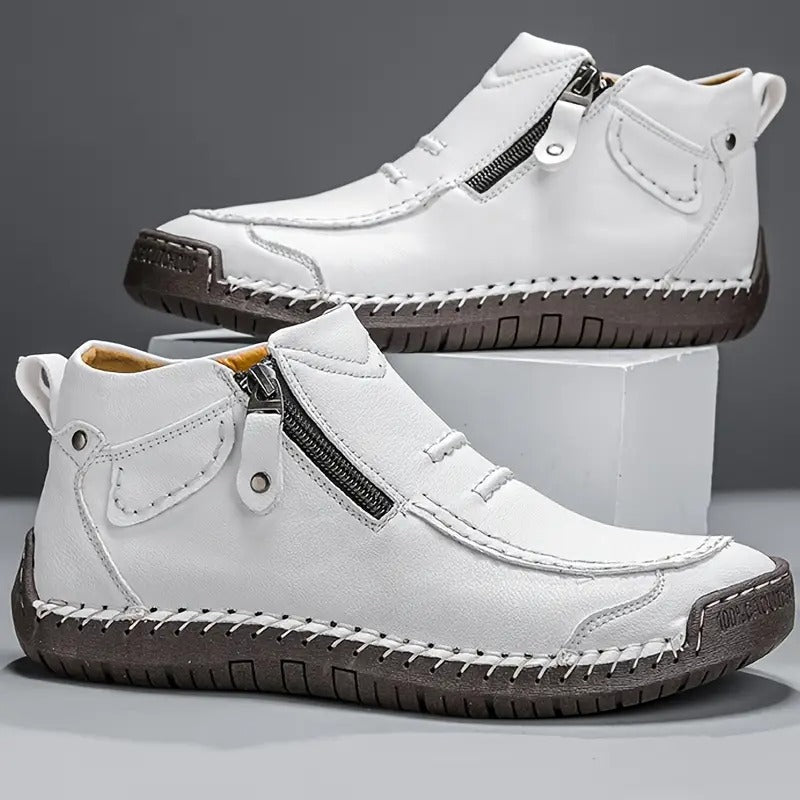 Men's Moccasin Shoes Leather Round Toe Contrast Stitch Brown