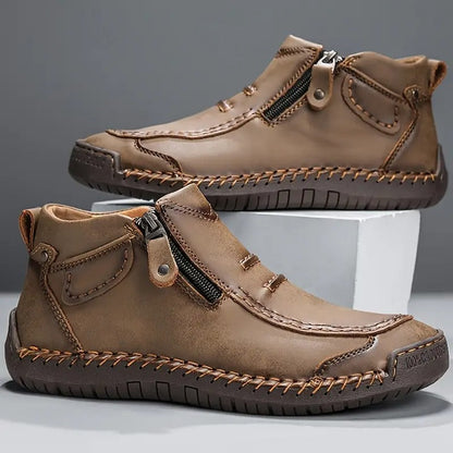 Men's Moccasin Shoes Leather Round Toe Contrast Stitch Brown