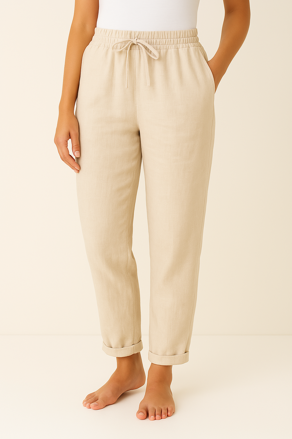 Linen Blend Trousers Elegant Beige