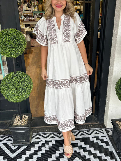 Women's Midi Dress Embroidered Notch Neck Short Sleeves