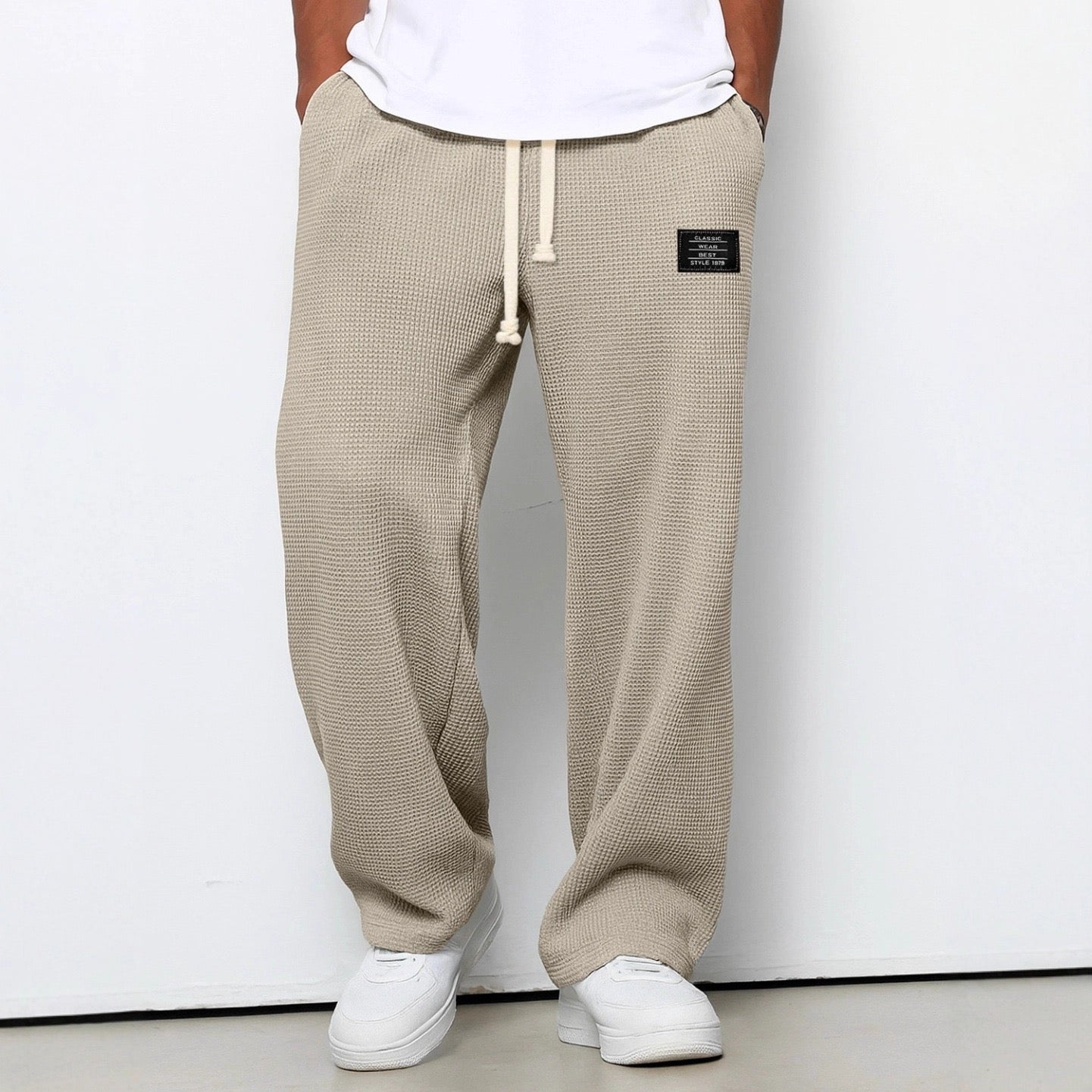 Men's Full-Length Drawstring Pants Waffle Texture Wide Leg