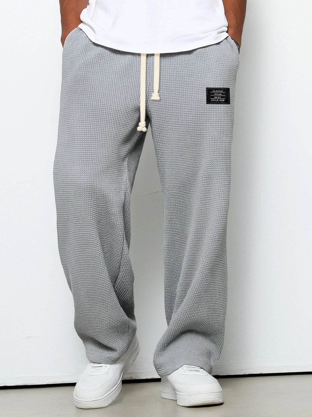 Men's Full-Length Drawstring Pants Waffle Texture Wide Leg - VibreMode