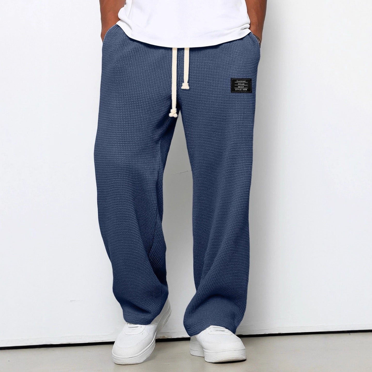 Men's Full-Length Drawstring Pants Waffle Texture Wide Leg