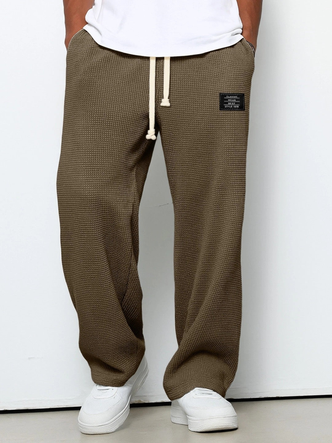 Men's Full-Length Drawstring Pants Waffle Texture Wide Leg