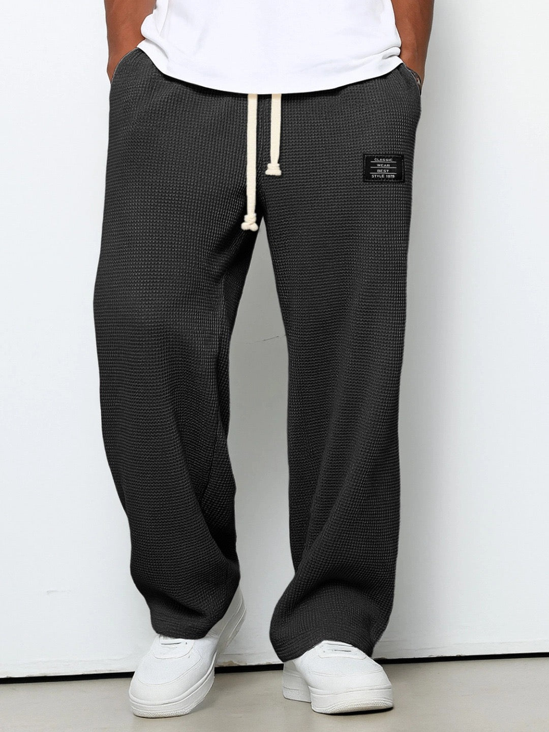 Men's Full-Length Drawstring Pants Waffle Texture Wide Leg