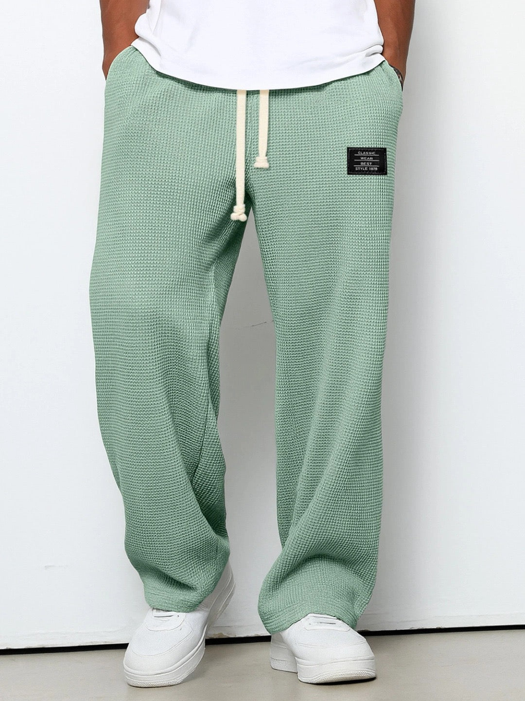 Men's Full-Length Drawstring Pants Waffle Texture Wide Leg