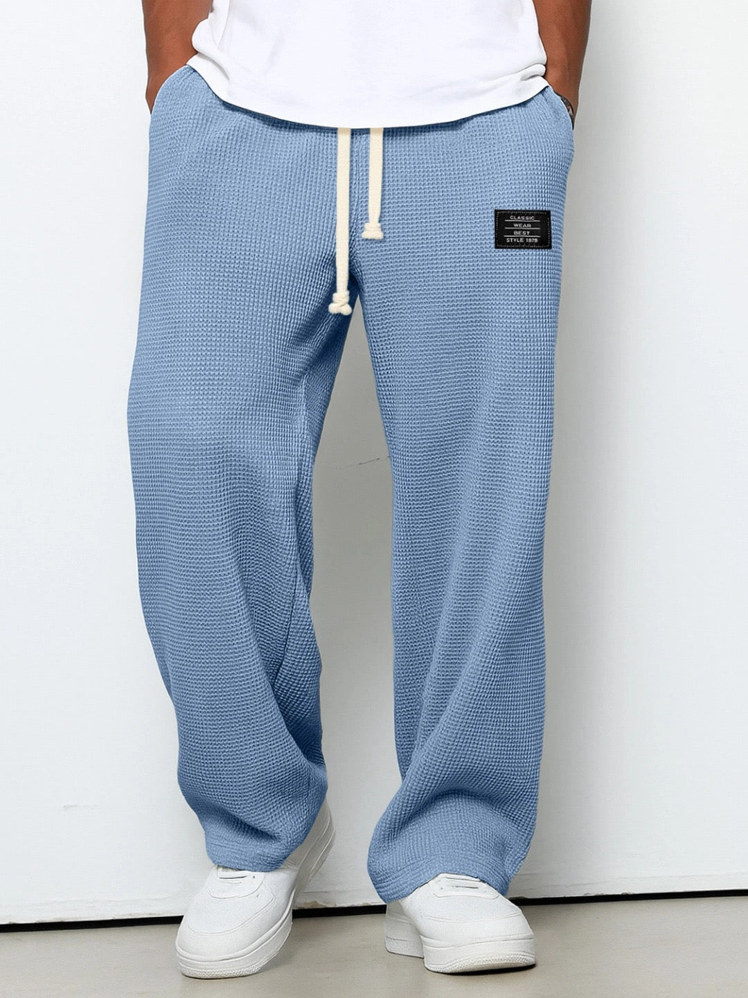 Men's Full-Length Drawstring Pants Waffle Texture Wide Leg