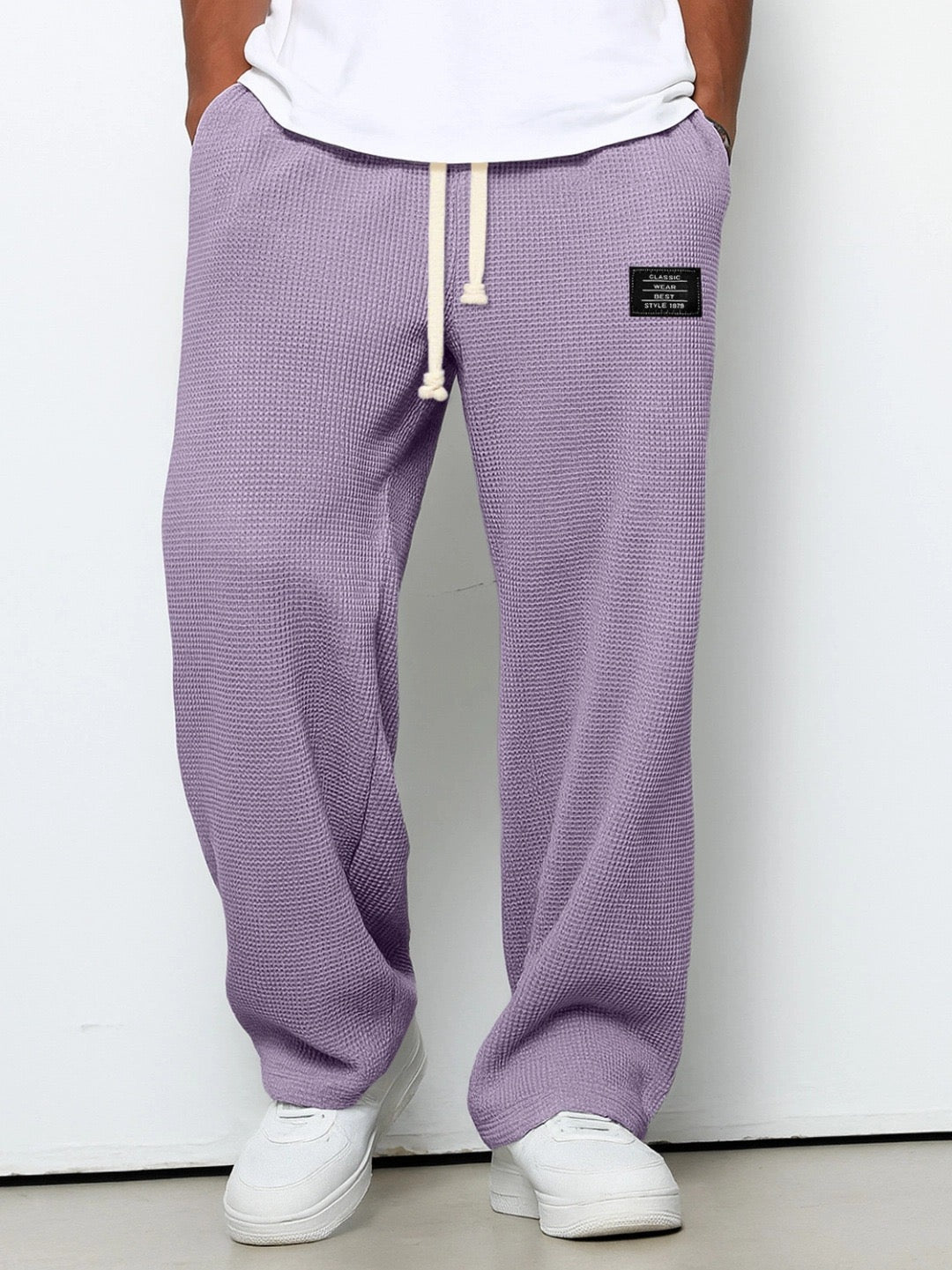Men's Full-Length Drawstring Pants Waffle Texture Wide Leg