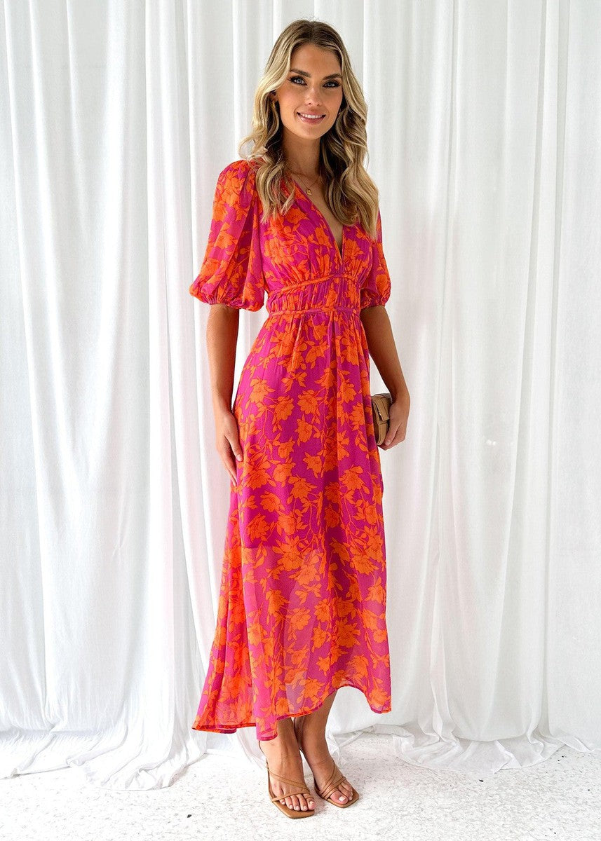 Women's Floral Midi Dress Puff Sleeves V-Neck