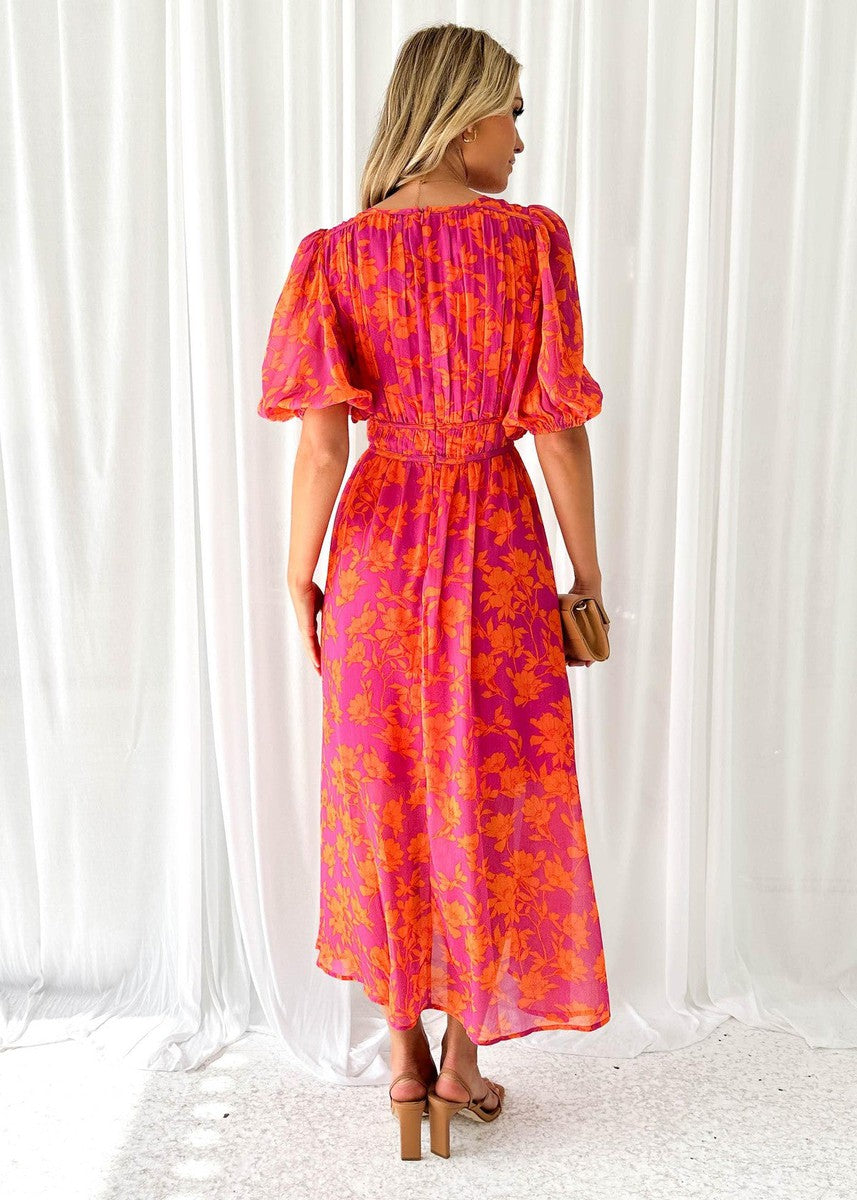 Women's Floral Midi Dress Puff Sleeves V-Neck