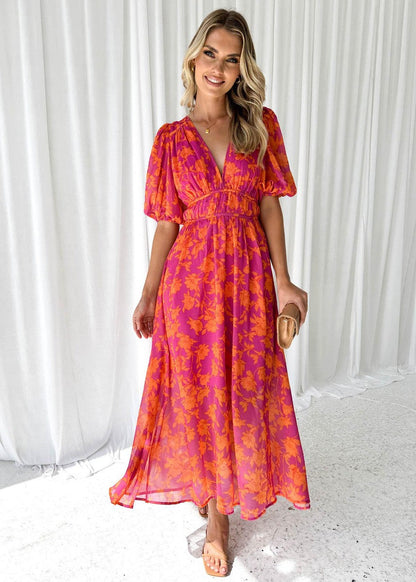 Women's Floral Midi Dress Puff Sleeves V-Neck