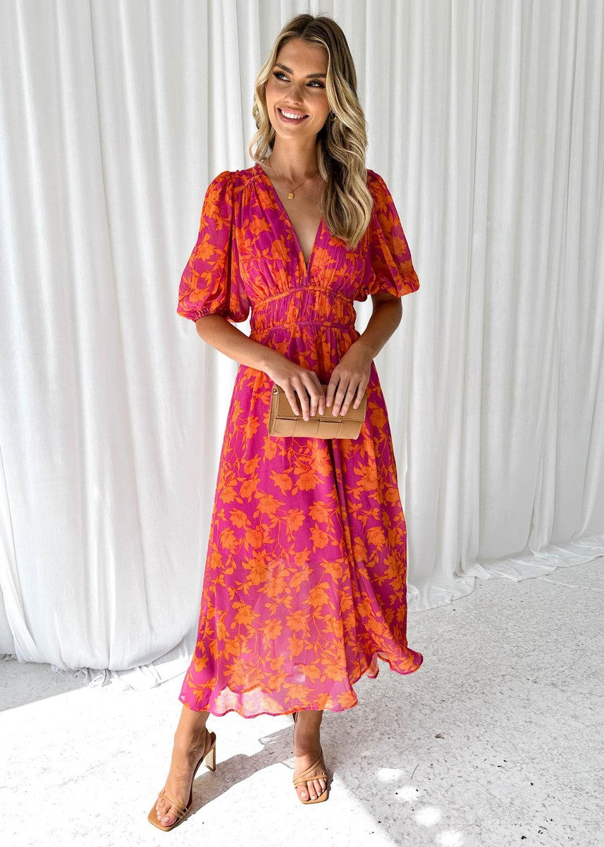 Women's Floral Midi Dress Puff Sleeves V-Neck - VibreMode