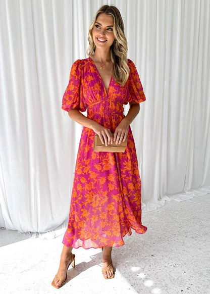 Women's Floral Midi Dress Puff Sleeves V-Neck - VibreMode