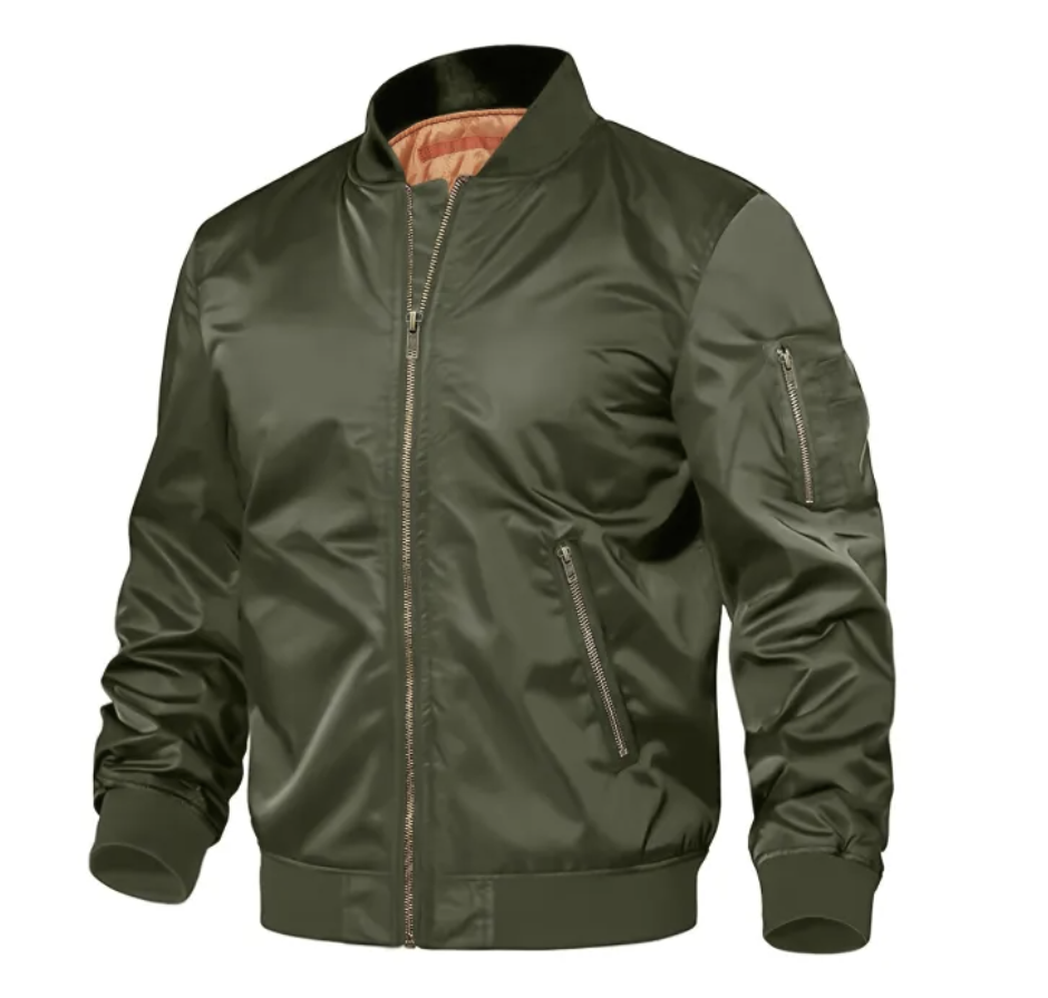 Men's Black Bomber Jacket Quilted Orange Lining Zipper Pocket