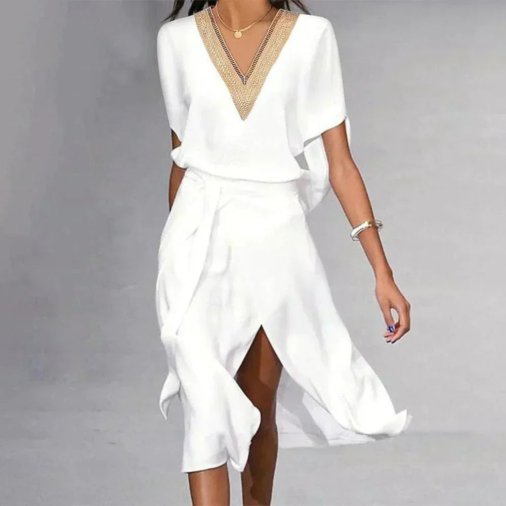 Elegant Women's V-Neck Wrap Midi Dress - VibreMode