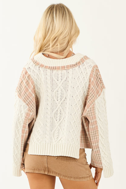 Women's Cable Knit Cardigan Ivory Plaid Button Front