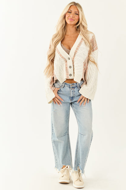 Women's Cable Knit Cardigan Ivory Plaid Button Front