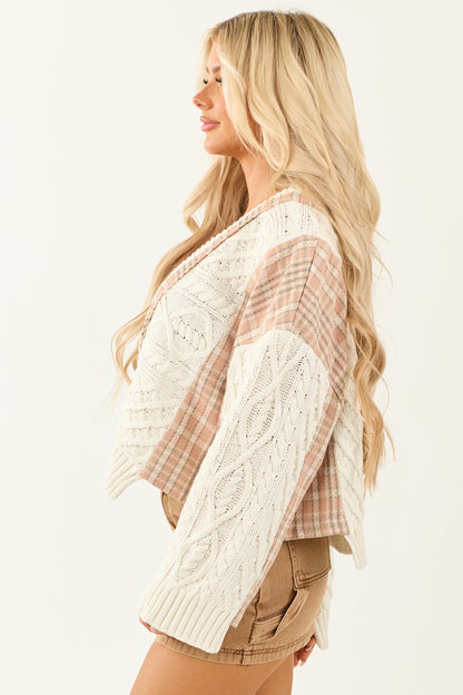 Women's Cable Knit Cardigan Ivory Plaid Button Front