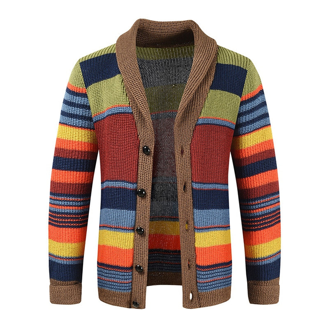 Men's Striped Knit Cardigan Shawl Collar Button Front - VibreMode