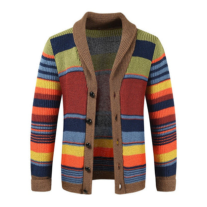 Men's Striped Knit Cardigan Shawl Collar Button Front - VibreMode