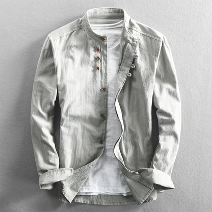 Men's Button-Down Shirt Band Collar Cotton