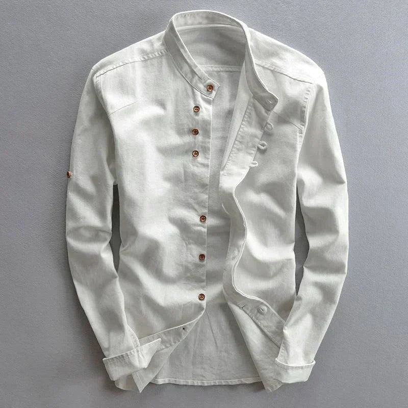Men's Button-Down Shirt Band Collar Cotton