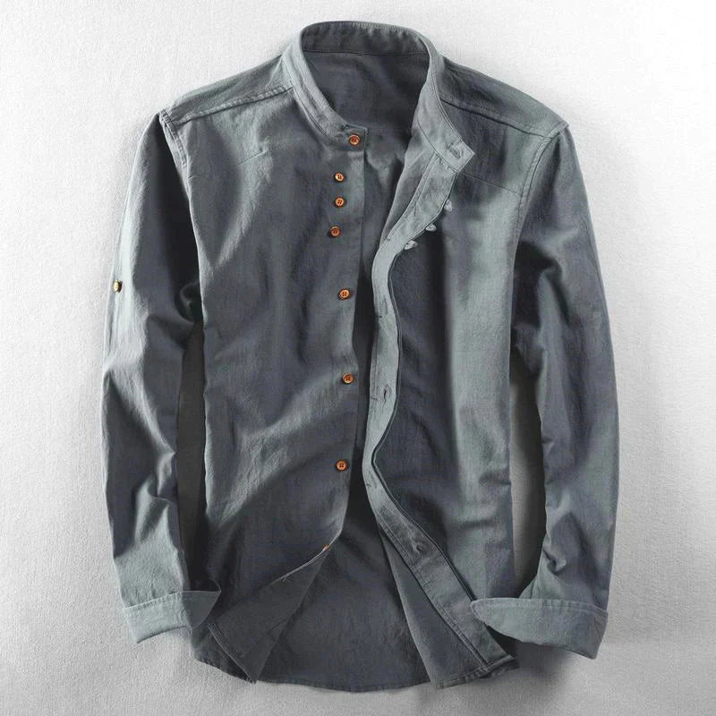 Men's Button-Down Shirt Band Collar Cotton