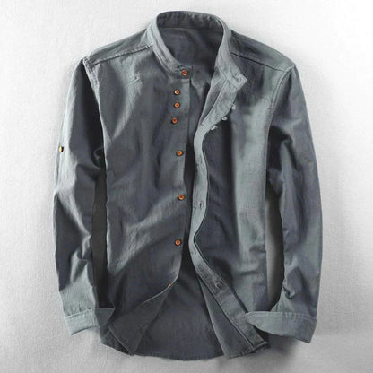 Men's Button-Down Shirt Band Collar Cotton