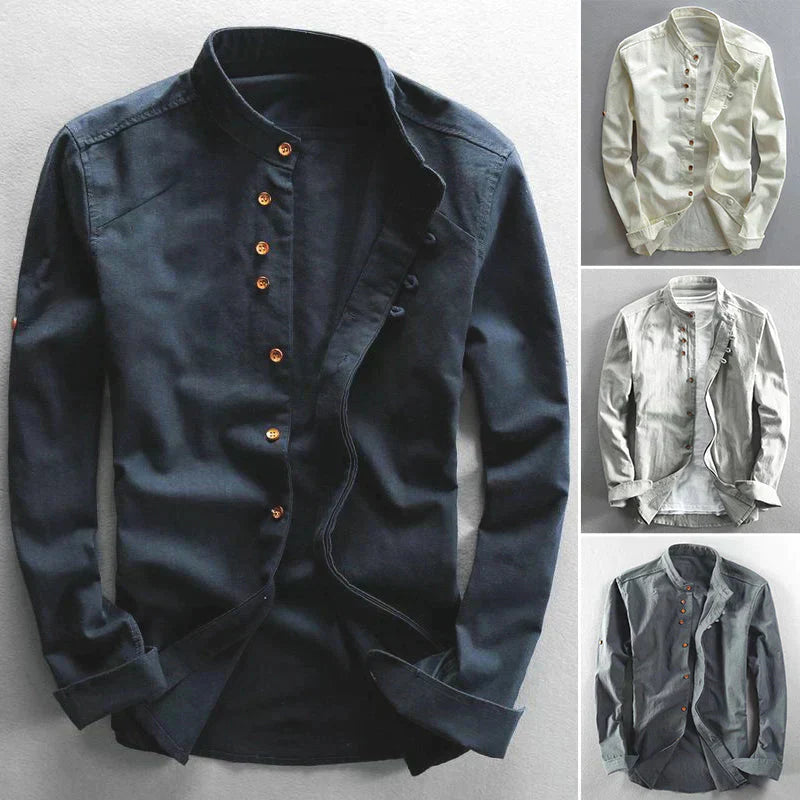 Men's Button-Down Shirt Band Collar Cotton