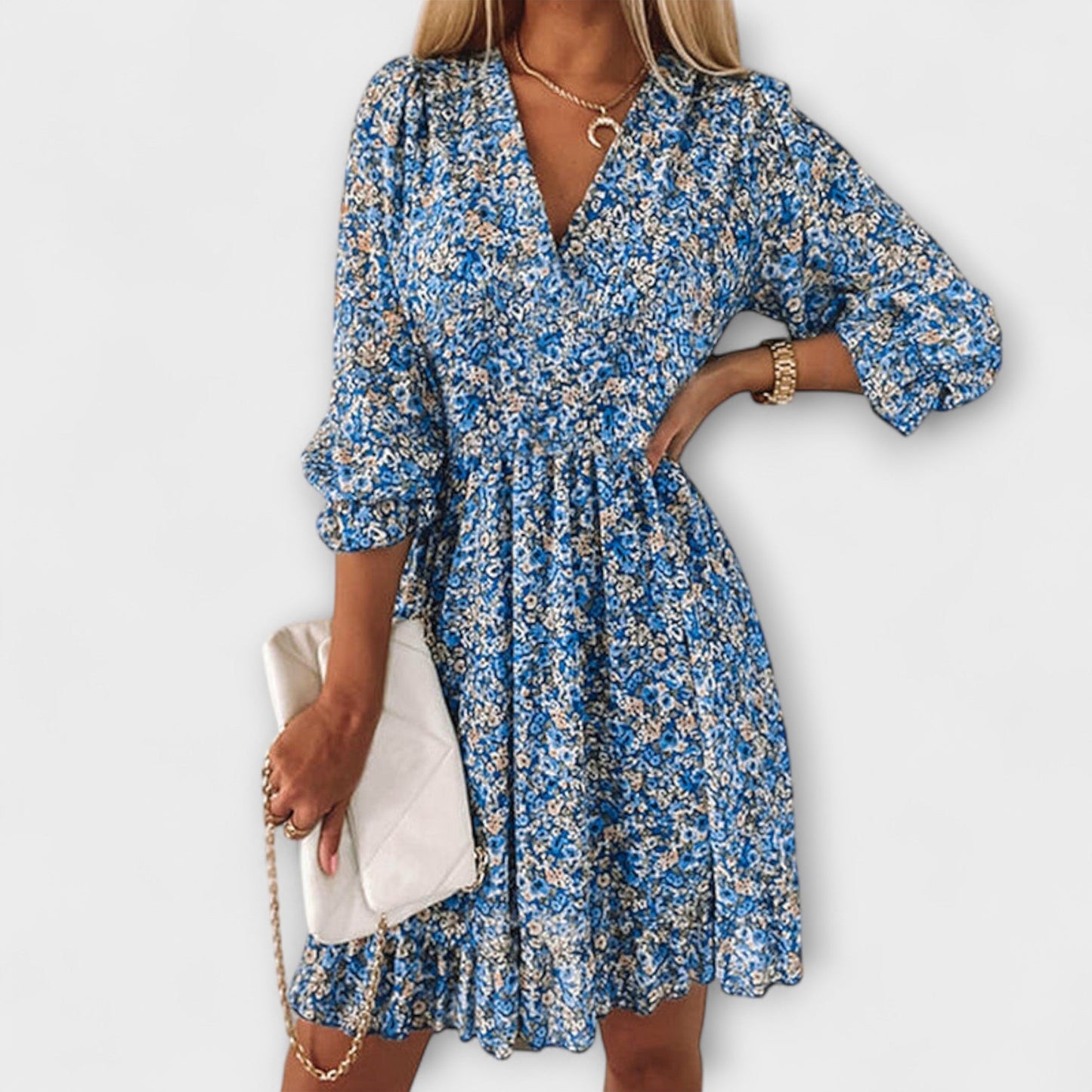 Women's Floral Mini Dress V Neck Long Sleeves