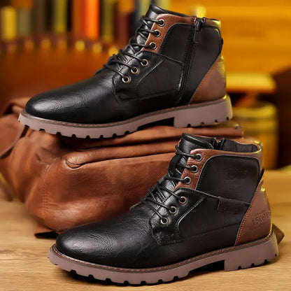 Men's Ankle Boots Lace-Up Leather Side Zipper Brown