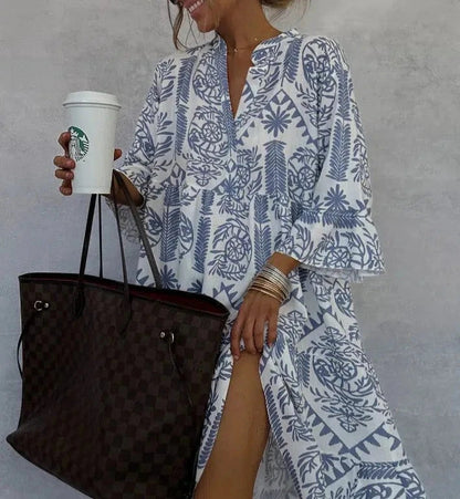Floral Women's V-Neck Swing Dress with 3/4 Sleeves