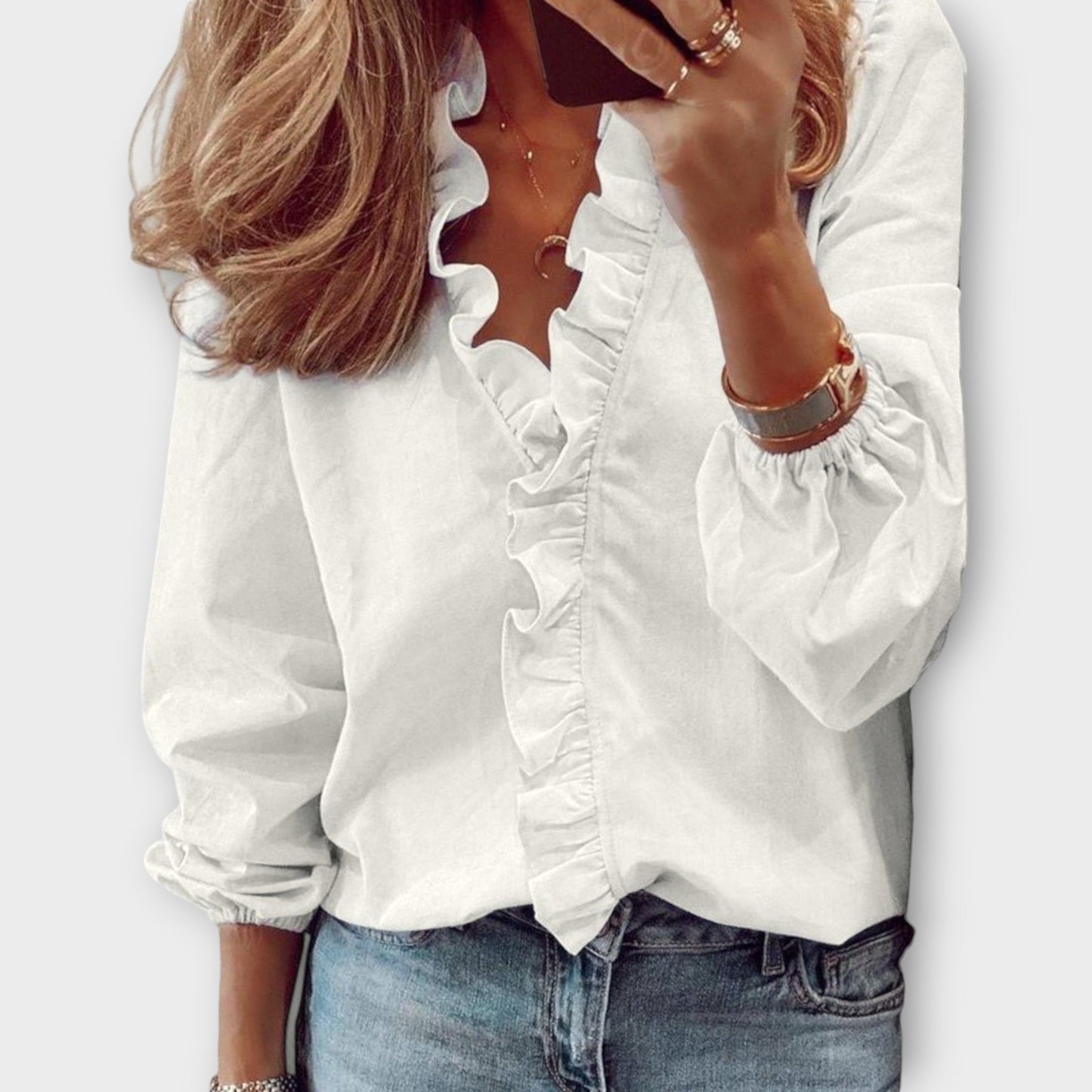 Feminine V Neck Ruffled Long Sleeve Women's Blouse - VibreMode
